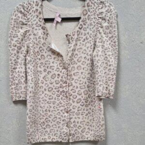 Rebecca Taylor Animal Print Puff Sleeve Cashmere Silk Button Front Sweater Small